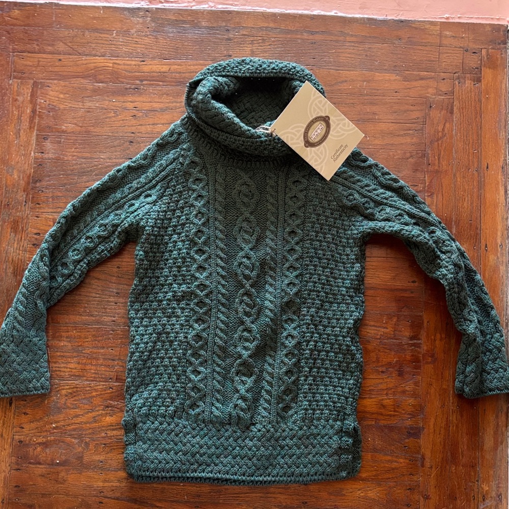 Aran Wool Sweater - Made in Ireland, Merino Cable Knit Turtleneck Sweater